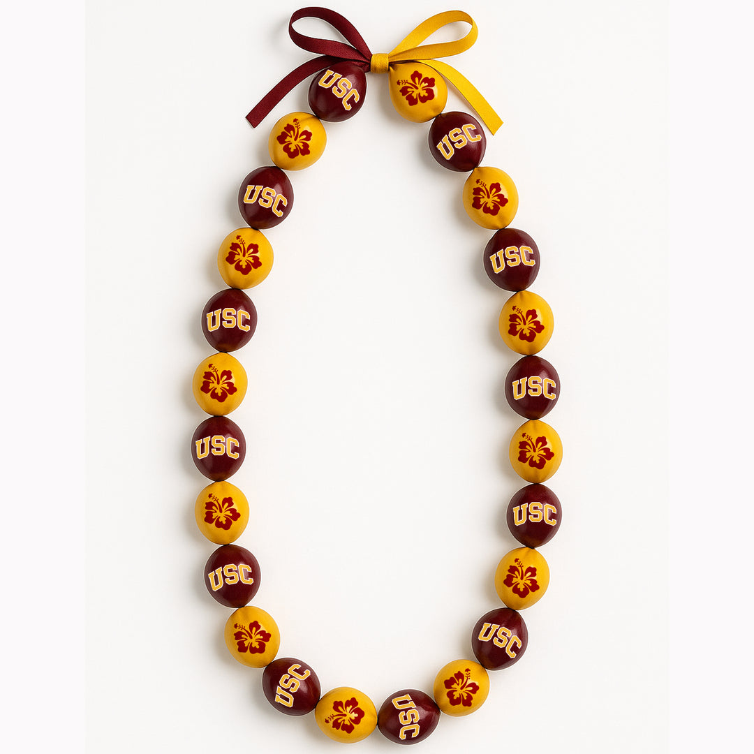 USC Trojans Kukui Nut Lei Logo w Hibiscus Flower